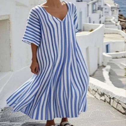 Fashionable Womens Striped-Neck Short-Sleeve Loose Plus-Size Dress