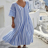 Fashionable Womens Striped-Neck Short-Sleeve Loose Plus-Size Dress