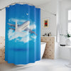 Aviation Themed Shower Curtain - Sky Blue Design with Airplane and Clouds
