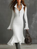 Pleated-collar Flared-sleeve Knitted Mermaid Skirt