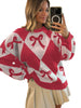 Womens Trendy Pullover Sweater With A Bow-knot Print And Long Knitted Sleeves