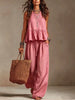 V-Neck Ruffle Hem Sleeveless Crop Top & High Waist Wide Leg Linen Pants Two Piece Outfit Set