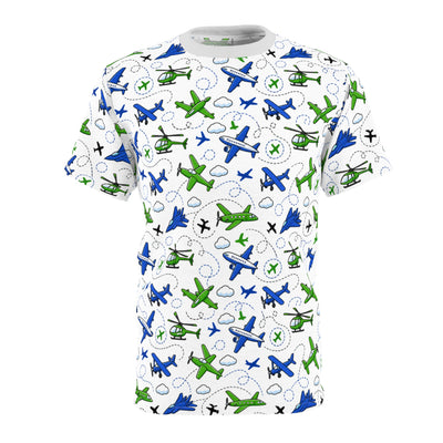 Airplane Pattern All-Over Print Tee — Blue & Green Aviation Design