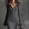 Pleated-collar Flared-sleeve Knitted Mermaid Skirt