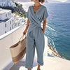 Women's Two Pieces Set Fashion Solid Color Irregular Short Sleeve Suit Summer Fashion V Neck Slim Office Suit Casual Pleated Irregular Top And Pants Female Outfit
