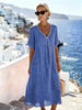 Casual Loose Fitting Long Skirt With Short Sleeves And A V Neck In Solid Color Cotton Linen Fabric