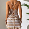 Women Knitted Spaghetti Strap Dress Summer Stripes Twisted Crochet Cutout Party Mini Dress For Beach Cocktail Nightclub