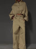 Khaki Stand Collar Puff Sleeve Crop Top & Double Button Wide Leg Cargo Pants Set