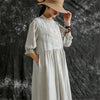 Johnature 2023 New Vintage Cotton Linen Embroidery Loose Solid Color Women Dresses Summer 3 Colors Lace Button Dress