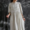 Johnature 2023 New Vintage Cotton Linen Embroidery Loose Solid Color Women Dresses Summer 3 Colors Lace Button Dress