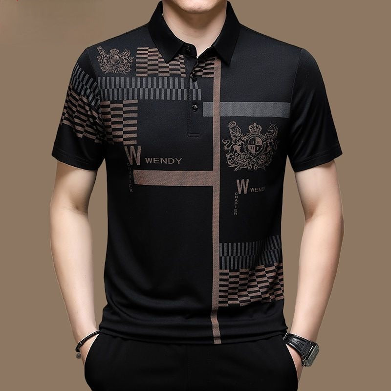 New Summer T Shirts for Men 2023 Short Sleeve Turn down Collar Letter Printing Button Striped Polo Tees Fashion Pullover Tops Aviationkart