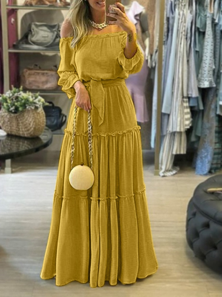 ZANZEA Fashion Off Shoulder Vestidos Female Lace Up Belted Dresses Beach  Holiday Ruffle Robe Womens Bohemian Long Maxi Dress – Aviationkart