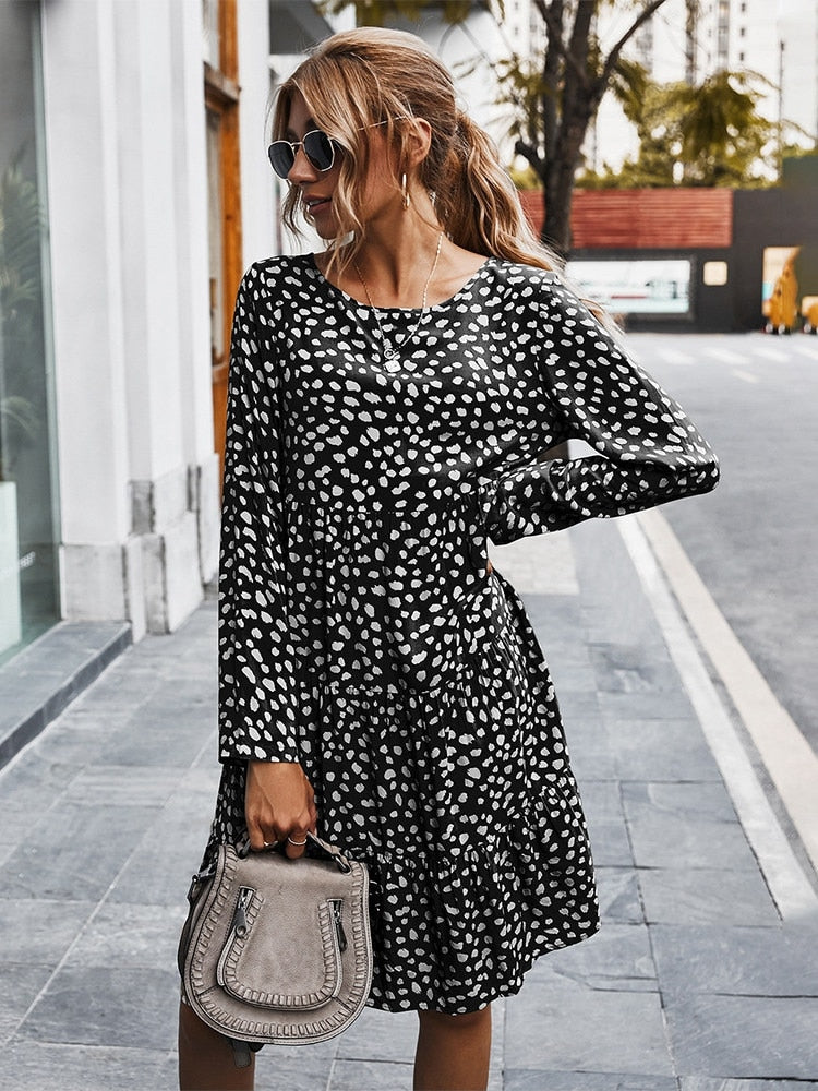 Msfilia Autumn Winter Print Dress Women Casual Button A Line Loose