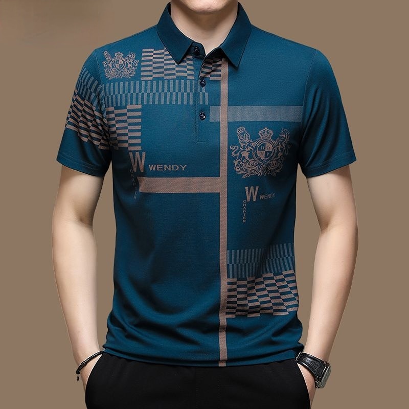 New Summer T Shirts for Men 2023 Short Sleeve Turn down Collar Letter Printing Button Striped Polo Tees Fashion Pullover Tops Aviationkart
