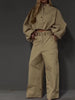 Khaki Stand Collar Puff Sleeve Crop Top & Double Button Wide Leg Cargo Pants Set