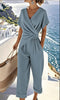 Women's Two Pieces Set Fashion Solid Color Irregular Short Sleeve Suit Summer Fashion V Neck Slim Office Suit Casual Pleated Irregular Top And Pants Female Outfit