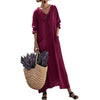 Womens Casual V-Neck Long-Sleeve Loose Cotton-Linen Solid-Color Dress