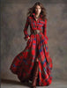Ins Plaid Print Long-Sleeved Dress Fashion Pockets Collared Buttons Shirt Long Dresses Retro Women's Clothing