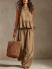 V-Neck Ruffle Hem Sleeveless Crop Top & High Waist Wide Leg Linen Pants Two Piece Outfit Set
