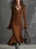Pleated-collar Flared-sleeve Knitted Mermaid Skirt