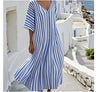 Fashionable Womens Striped-Neck Short-Sleeve Loose Plus-Size Dress