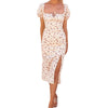 New Style Dress French Retro Floral Print Skirt, Slim-Fit Slit Long Puff-Sleeve One-Piece Dress