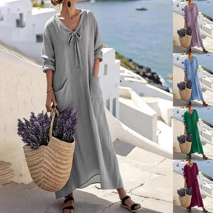 Womens Casual V-Neck Long-Sleeve Loose Cotton-Linen Solid-Color Dress