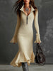 Pleated-collar Flared-sleeve Knitted Mermaid Skirt