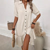 Womens Solid-Color Single-Breasted New Puff-Sleeve Dress