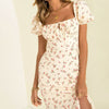 New Style Dress French Retro Floral Print Skirt, Slim-Fit Slit Long Puff-Sleeve One-Piece Dress