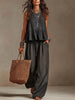 V-Neck Ruffle Hem Sleeveless Crop Top & High Waist Wide Leg Linen Pants Two Piece Outfit Set