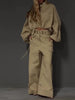 Khaki Stand Collar Puff Sleeve Crop Top & Double Button Wide Leg Cargo Pants Set