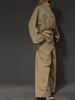 Khaki Stand Collar Puff Sleeve Crop Top & Double Button Wide Leg Cargo Pants Set