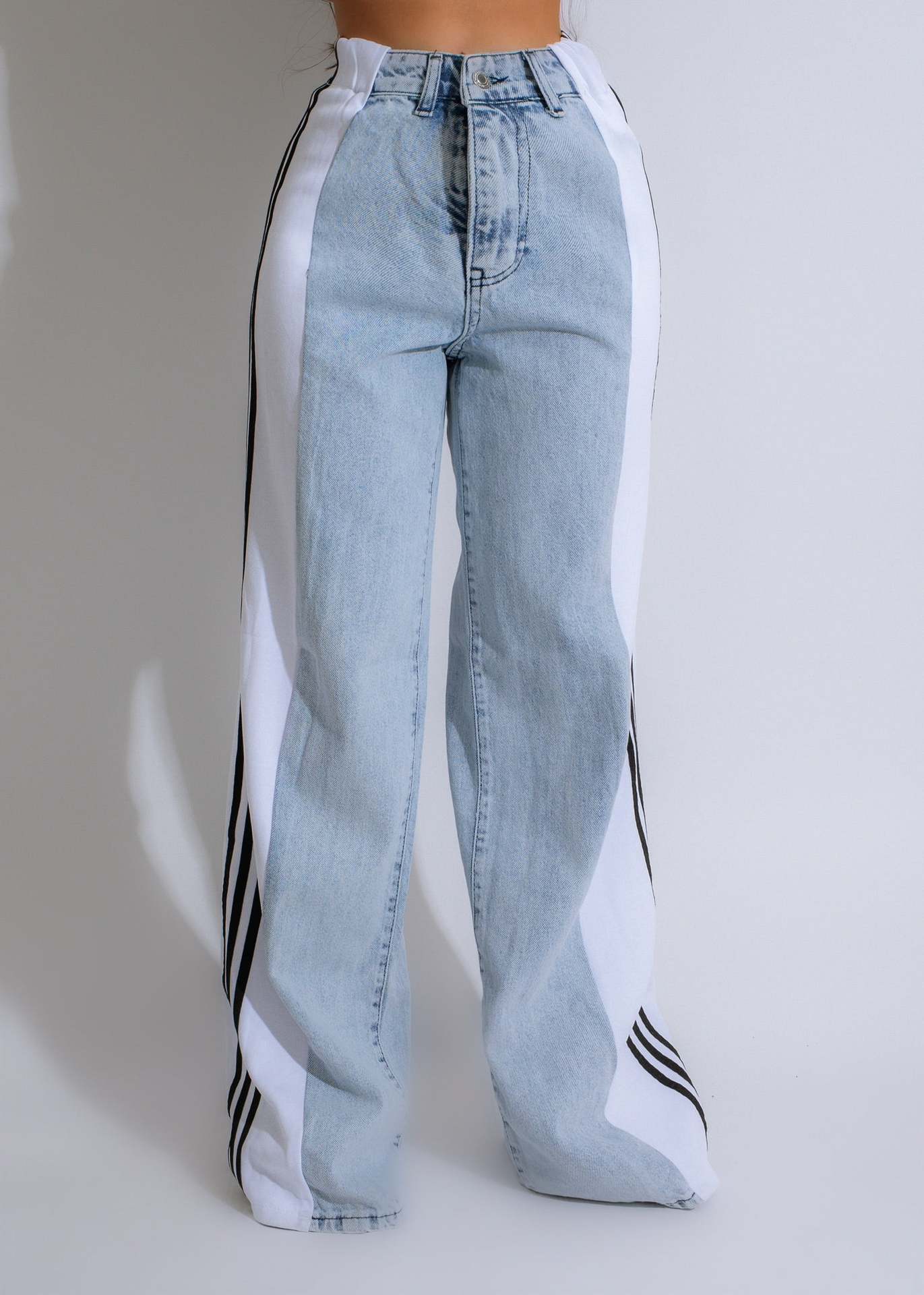2024 Fashion Casual High Waist Elastic Straight Leg Trousers Three Stripe Patchwork Denim Wide Leg Pants Streetwear Aviationkart