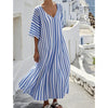 Fashionable Womens Striped-Neck Short-Sleeve Loose Plus-Size Dress