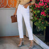 Raw Edge White Stretch Denim Straight Leg Pants