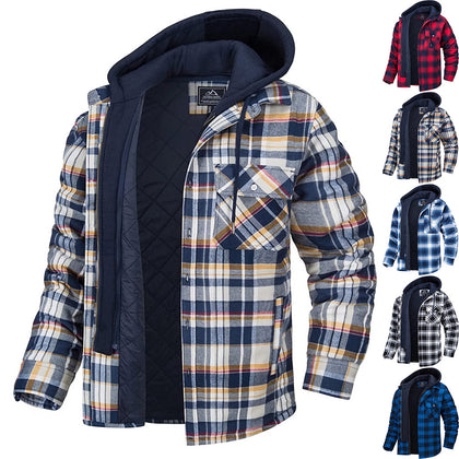 Men's Plaid Hooded Coat Winter Warm Button Zip-up Jacket Fashion Casual Thick Padded Long Sleeves Outerwear Clothing