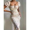 New Style Dress French Retro Floral Print Skirt, Slim-Fit Slit Long Puff-Sleeve One-Piece Dress