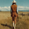 Western Retro Bohemian Style Caramel-Colored Faux Suede Fringe Skirt