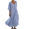 Fashionable Womens Striped-Neck Short-Sleeve Loose Plus-Size Dress