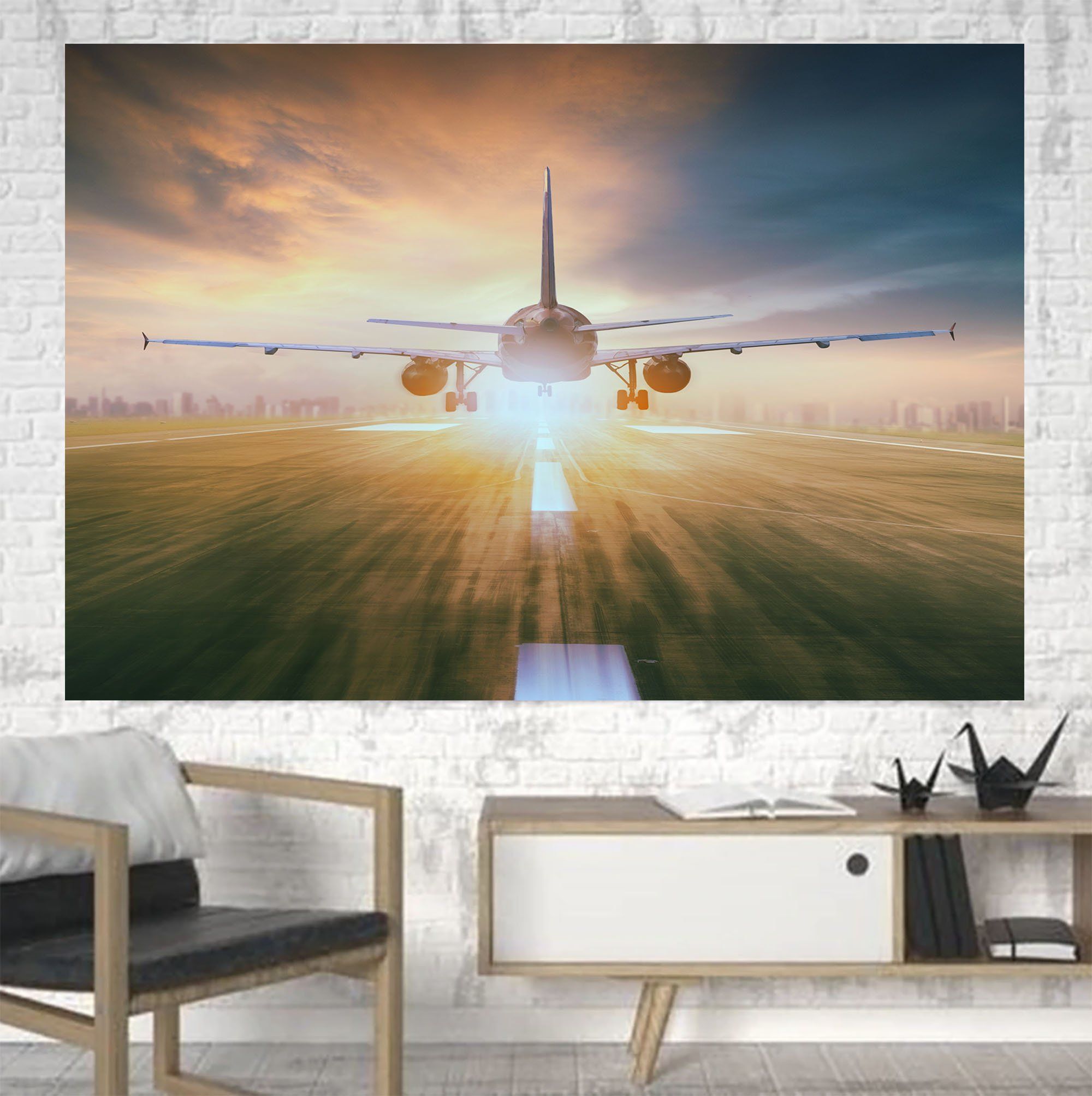 Airplane Flying Over Runway Printed Canvas Posters (1 Piece)