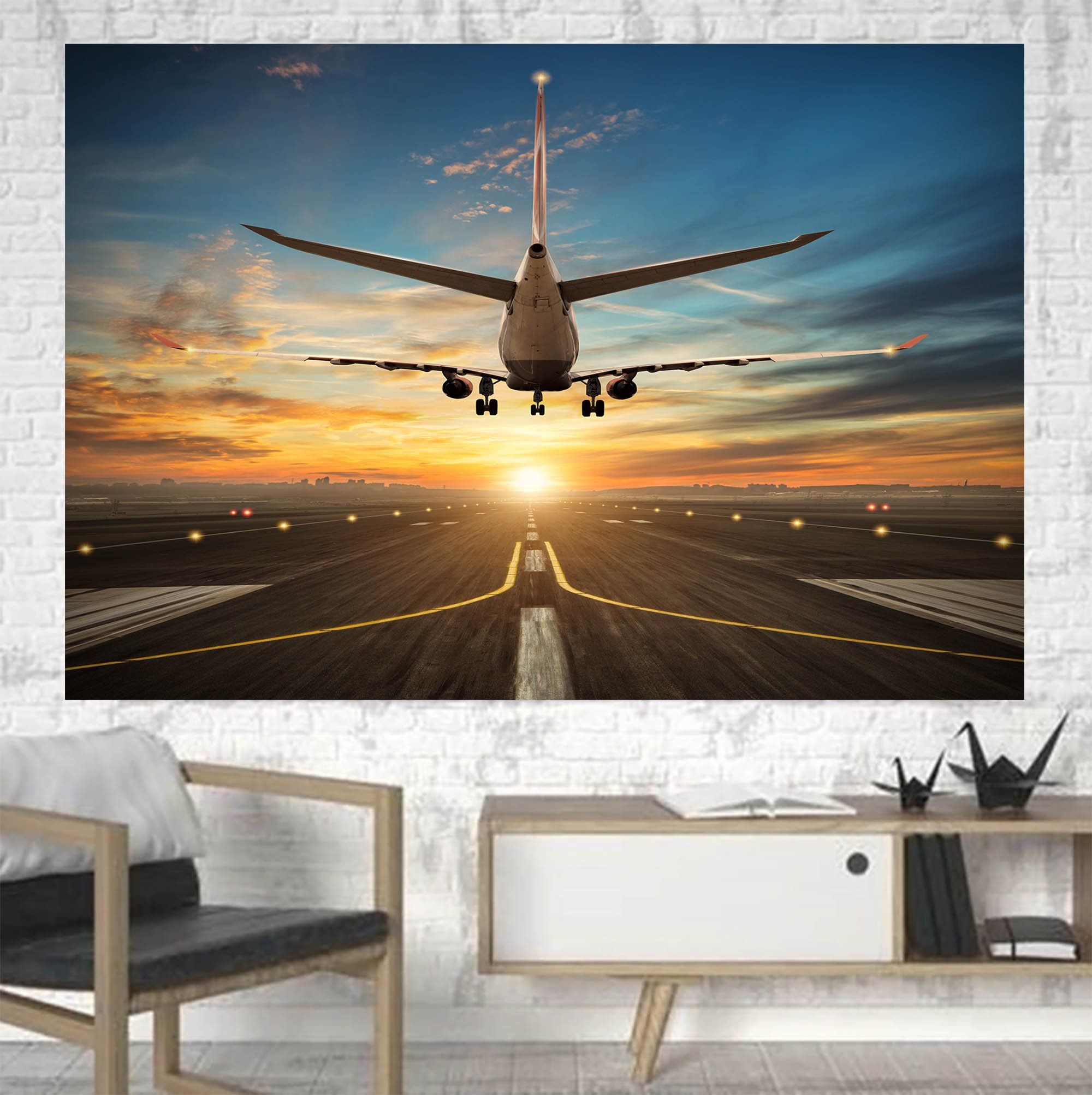Airplane over Runway Towards the Sunrise Printed Printed Canvas Posters (1 Piece)