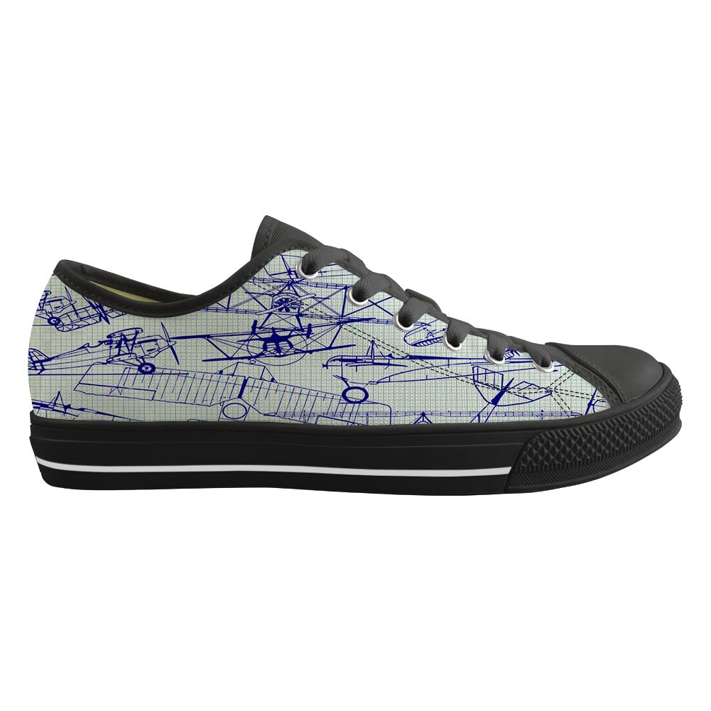 Amazing Drawings of Old Aircrafts Designed Canvas Shoes (Men)