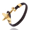 MKENDN Stainless Steel 18k Plated Aviation Airplane Anchor Bracelets Men Women Retro Leather Bracelet Air Force Style Jewelry