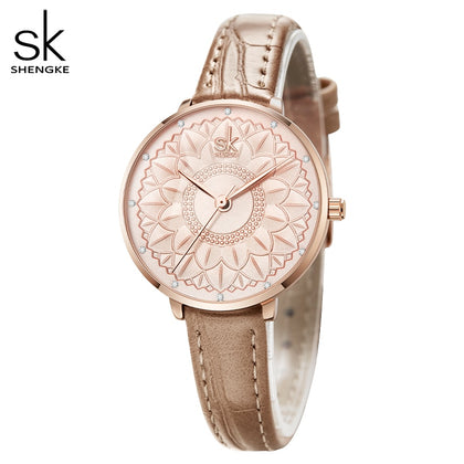 Shengke Women Watches Casual Flower Dial Japanese Quartz Movement Elegant Light Leather Watches for Women Leather Reloj Mujer