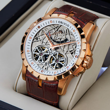 OBLVLO Luxury Transparent Hollow Men Skeleton Automatic Watches Sport Mechanical Double Flywheel Calfskin Leather Sapphire RM-E
