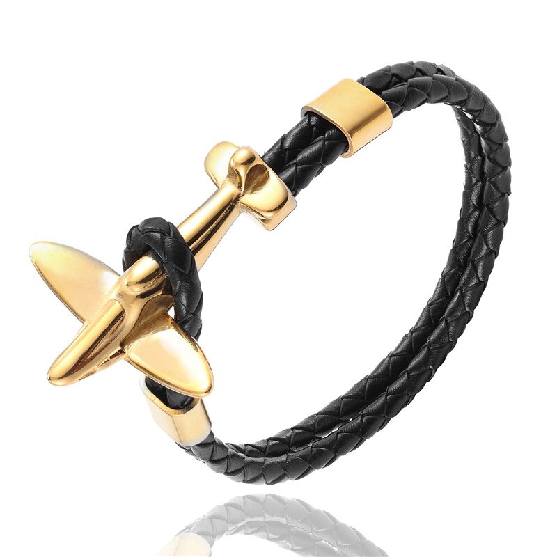 Mens Black Leather Stainless Steel Anchor Bracelet With Adjustable Str