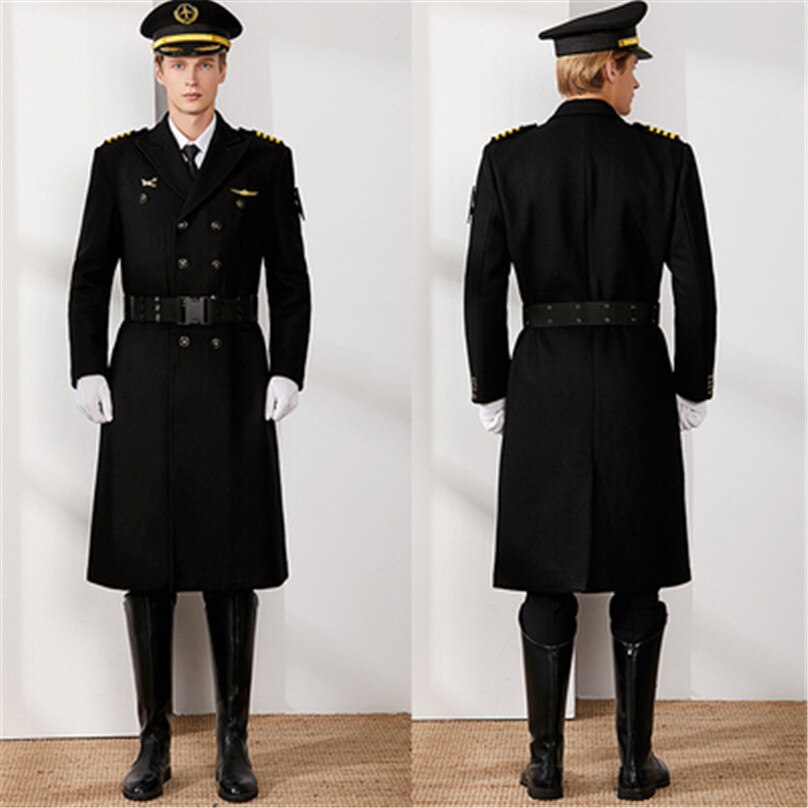 Pilot Captain Black Woollen Long Coat Winter Thick Aviation Clothes Noble Military Uniform For Army Officer Work Cosplay Show