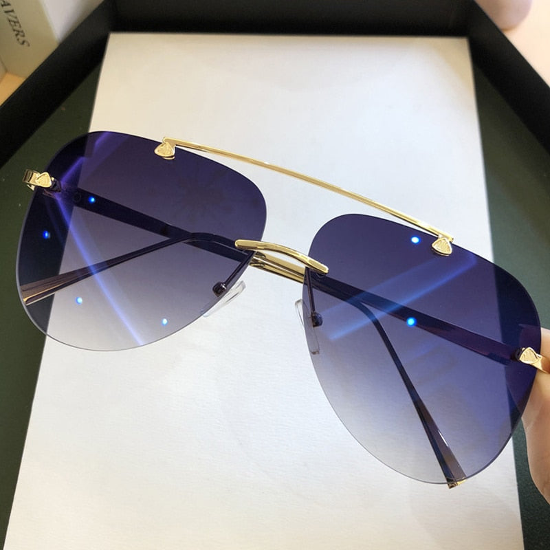 Vintage Rimless Alloy Aviation Pilot Sunglasses for Men 2021 Brand Gradient Sun Glasses Female Metal Oval Shades Black Brown