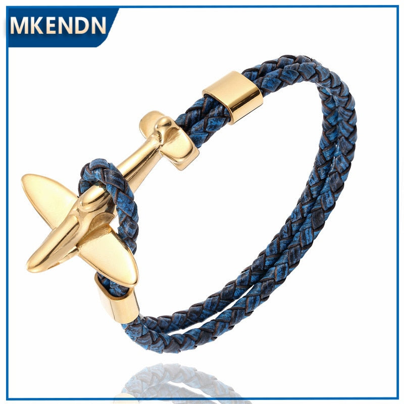 MKENDN Stainless Steel 18k Plated Aviation Airplane Anchor Bracelets Men Women Retro Leather Bracelet Air Force Style Jewelry